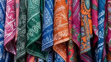 Rows of colorful bandanas ranging from classic paisley to bold geometric prints catch the eye of bargain hunters at the flea market photo