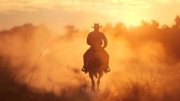 A mysterious figure in a cowboy hat riding into the hazy dawn on a dusty trail photo