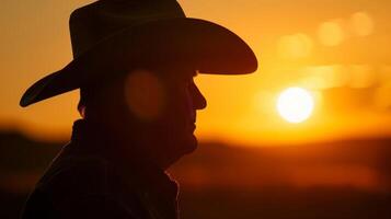 The profile of a weathered cowboy silhouetted against the first light of a new day on the ranch photo