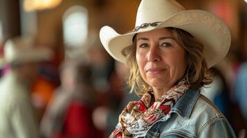 A participant standing proudly in front of a mirror donning the completed cowboy hat they made a sense of accomplishment visible on their face photo