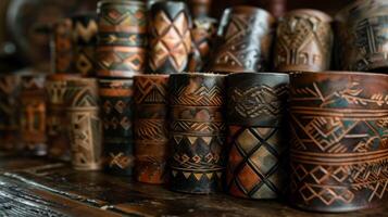 A table adorned with rows of handtooled leather cuffs featuring intricate designs and patterns inspired by Native American art photo
