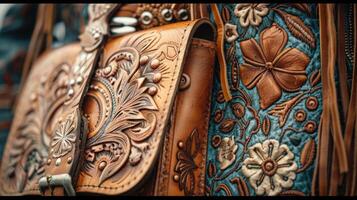 A closeup shot of a beautifully tooled leather handbag with intricate floral patterns paired with a fringed leather jacket and a statement belt buckle photo