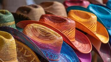 A row of colorful cowboy hats each one unique and handcrafted by the participants of the workshop drying in the warm sun photo
