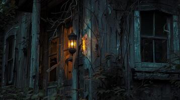 The flickering light of a lantern casting eerie shadows on the abandoned storefronts hinting at the ghostly stories that haunt the town photo
