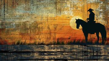 A rustic background with a silhouette of a cowboy on horseback adorned with a quote from a famous cowboy poet photo