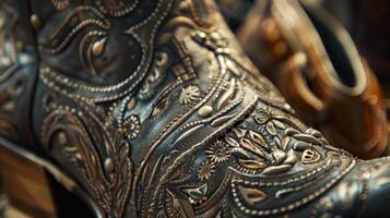 A display of intricately tooled leather boots with detailed stitching and metal embellishments photo
