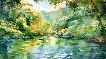 A peaceful river s through a valley of lush greenery with each artist adding their own unique interpretation to the tranquil scene through their watercolor brushstrokes photo
