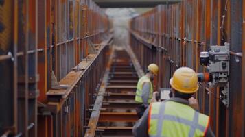 A team of workers using laser trackers to gauge the alignment of large steel beams ensuring a sy and safe construction photo