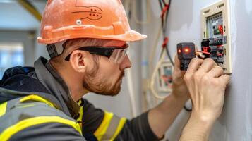 An electrician using a laser level to ensure that all electrical sockets and switches are aligned perfectly on a wall photo