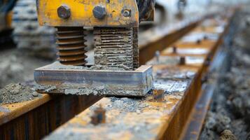 A closeup of a pile driver pounding a long steel beam into the ground creating a strong foundation base photo