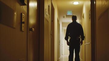 A code inspector measures the height and width of doorways and hallways in a newly constructed apartment complex ensuring they meet the required dimensions for wheelchair accessibility photo