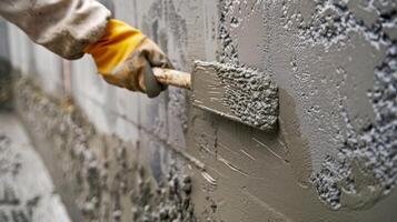 A worker meticulously smooths the surface of a newly poured concrete wall ensuring a flawless finish that is only possible with carefully constructed formwork photo