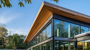 Large windows and slanted roofs allow for natural light and rainwater to seamlessly integrate into the building enhancing its environmentallyfriendly design photo