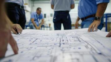 A group of workers gathered around a large blueprint discussing plans and strategies for an upcoming project photo