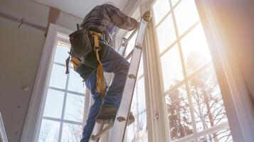 A worker scales a tall ladder to carefully install strips of weatherstripping along the edges of a window maintaining a tight seal against the elements photo