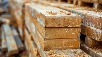 A line of bricks stacked neatly waiting to be used for the construction of a new building photo