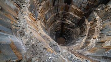 Layers of sediment and rock painstakingly excavated and removed by the tunnel boring machine photo