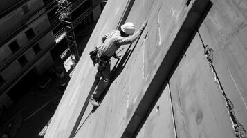 A supervisor leans over the edge of a building under construction meticulously inspecting the progress made by his team on the outer shell photo