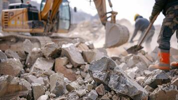 A group of workers using handheld equipment to break apart rocks and debris clearing the way for the larger machinery photo