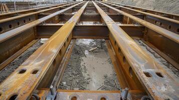 Thick steel beams are lined up to create the formwork for a large concrete foundation marking the beginning of a new construction project photo