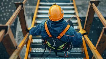 A worker wearing a harness practices climbing down a safety ladder in preparation for potential emergency situations photo