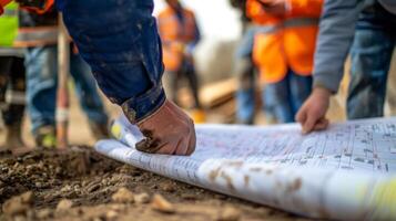 A group of electricians reviewing blueprints and discussing the layout of the new grid at the construction site photo