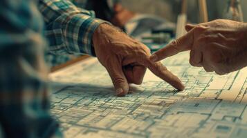 The workers pointing to various areas on the blueprint discussing specific tasks and responsibilities photo