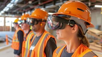 A group of workers utilizing augmented reality glasses to assist in precise measurements and placements of building materials reducing errors and improving efficiency photo