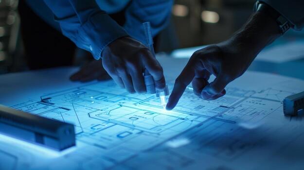 One worker using a laser pointer to highlight a particular area on the blueprint as he explains a strategy to the rest of the group photo