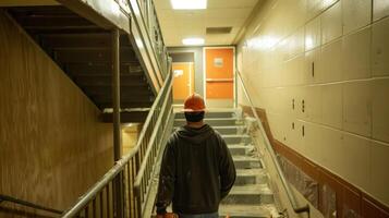 A worker installs emergency lighting in stairwells and hallways for safe navigation during potential fire situations photo