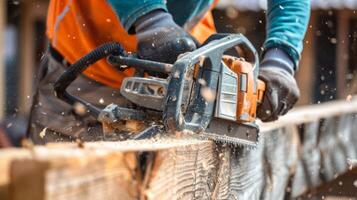 A closeup of a worker using a chainsaw to shape a large timber beam for the frame of a new building photo