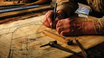 A pair of hands carefully trace a line on a blueprint that lies on a table next to a set of measuring tools photo