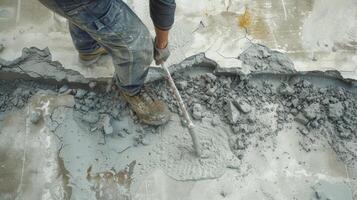 A worker using a long flexible concrete to reach tight corners and crevices in the concrete photo