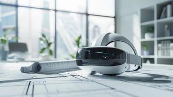 A virtual reality headset resting on a desk surrounded by architectural blueprints and drawings photo