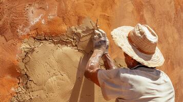 A worker using clay plaster an ecofriendly option for finishing walls that is nontoxic and easy to maintain photo