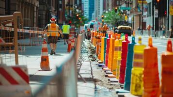 Vibrant signs and colorful barriers line the sidewalks as pedestrians navigate through the construction zone photo