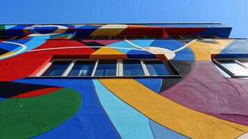 Brightly colored abstract shapes covering the entire front of a building creating an eyecatching display and promoting creativity in architecture photo