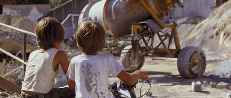 dos joven Niños sentar encima su bicicletas acecho con inmenso interesar como un hormigón mezclador giros y vierte fuera sus contenido para un nuevo Fundación foto