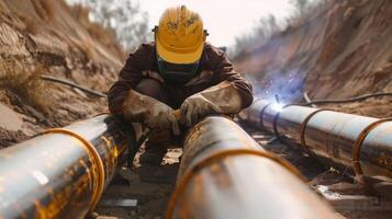 A welder uses careful technique to fuse together metal pipes ensuring that they will be able to withstand high pressure once installed photo