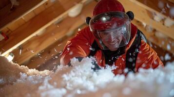 Workers donning protective gear use blowers to distribute loosefill insulation evenly throughout the attic space creating a barrier against temperature fluctuations photo
