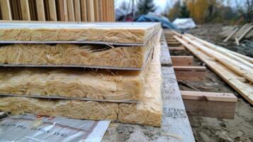 Layers of insulation are stacked and carefully secured creating a strong and effective barrier against the elements for the future homeowners photo