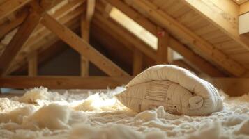 Soft fluffy blankets of insulation are p between floors and in attics to provide an additional layer of protection against heat and sound photo