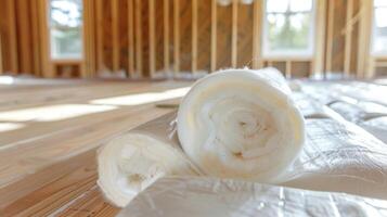 Crisp white rolls of insulation line the floors of the home waiting to be installed and provide an extra layer of warmth for future residents photo