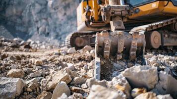 A pile driver at work on a rocky terrain showcasing the versatility of the machine and the determination of the workers overcoming challenging conditions photo