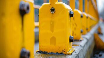 A line of brilliantly yellow construction barriers form a protective wall around the ongoing work photo
