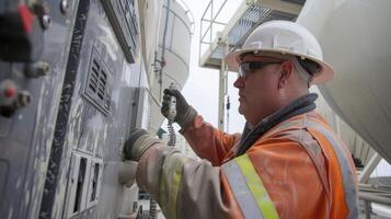 Using a specialized thermometer the technician takes a temperature reading of a massive concrete mixer to ensure its safe for use photo