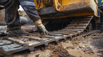 A worker inspecting and replacing damaged tracks on a forklift keeping it safe and stable while maneuvering materials on the construction site photo