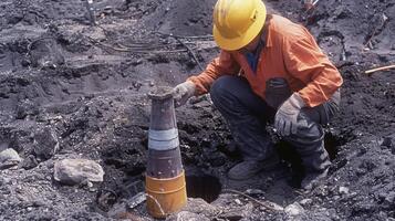 A worker carefully handles a heavy metal cone in the process of conducting a cone tration test on the soil photo
