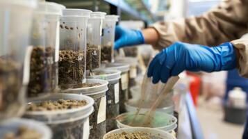 A team of engineers carefully label and secure soil samples in containers ready to be analyzed in a laboratory photo