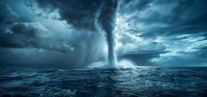 Against a backdrop of dark storm clouds a water spout emerges from the oceans depths reaching towards the sky photo